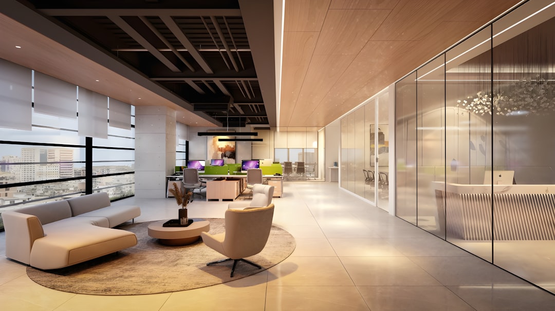 Interactive digital signage kiosk display in a modern office reception